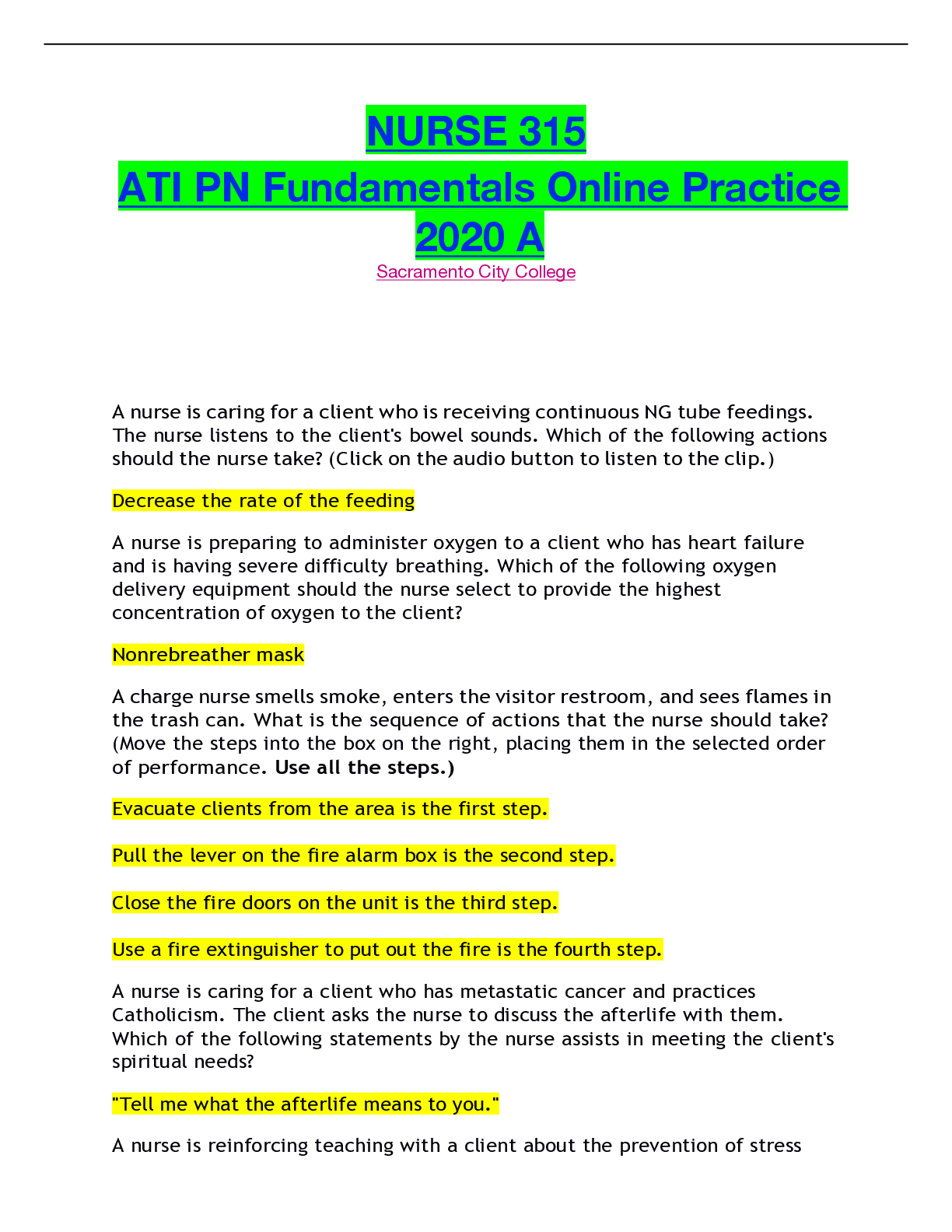 Preview of NURSE 315 ATI PN Fundamentals Online Practice 2020 A